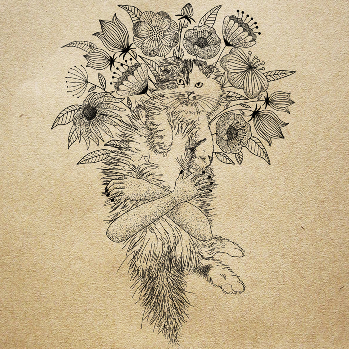 365cat.art細密画おしゃれなt猫イラスト・アート【Bouquet for you】 