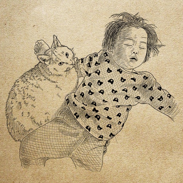 猫と子供のイラスト・絵