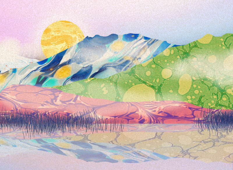 山の絵カラフルポップ・マーブリングイラスト