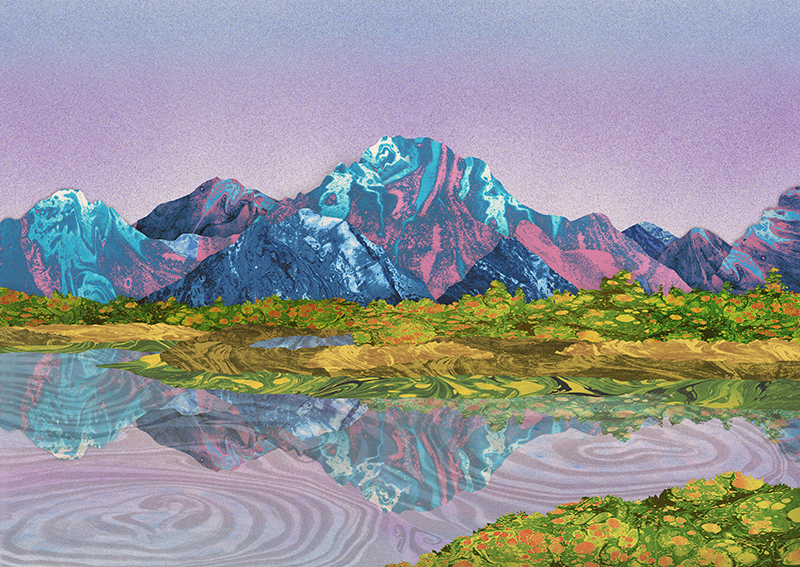 カラフルポップ 山の絵・マーブリングイラスト