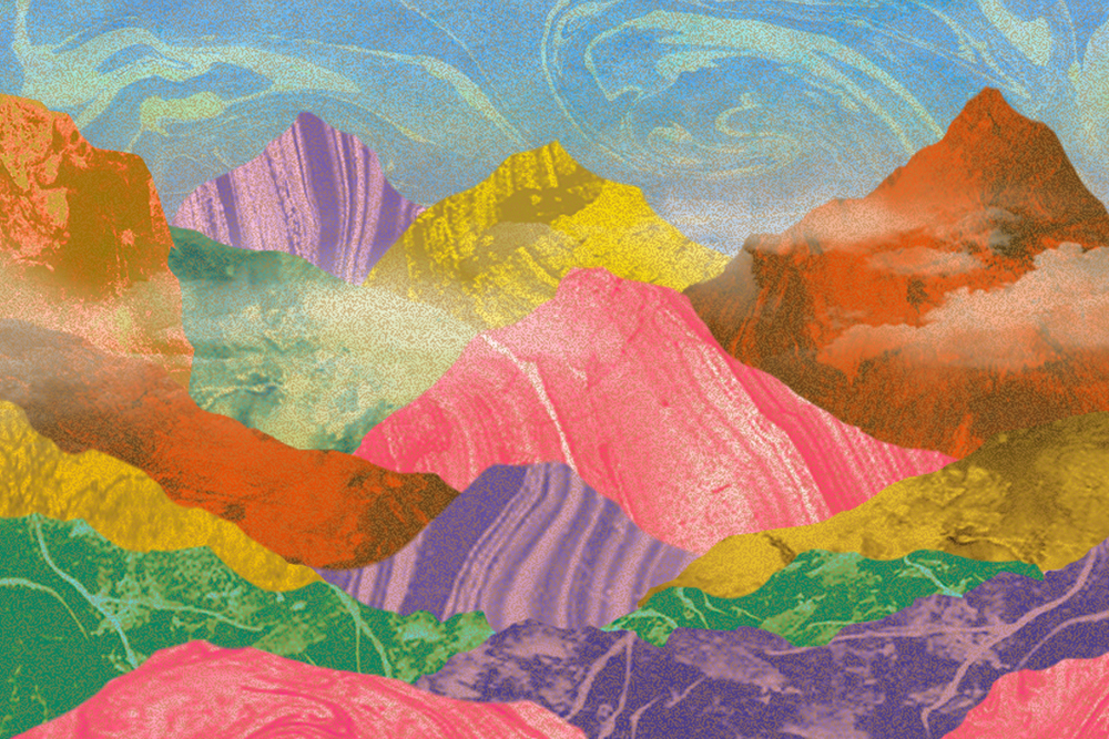 山の絵・カラフルポップマーブリングイラスト