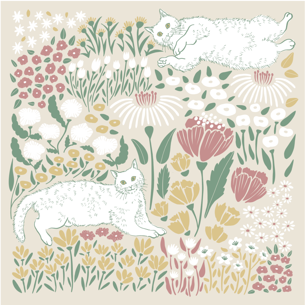 北欧デザイン・かわいい花と猫イラスト