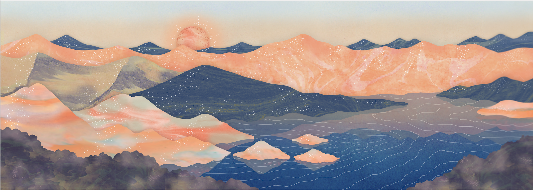 洞爺湖サイロ展望台からの景色、山イラスト・マーブリング アート