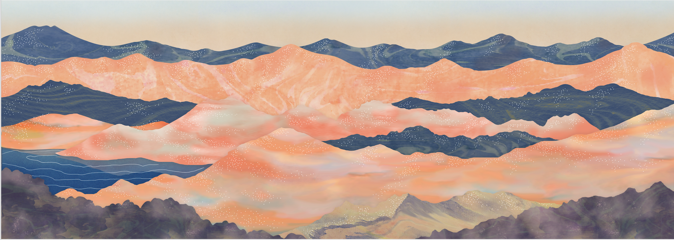 洞爺湖と山イラスト・マーブリング アート