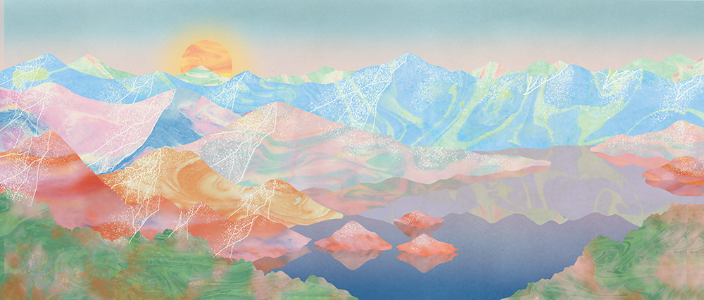 七色の景色・山マーブリング アート・イラスト