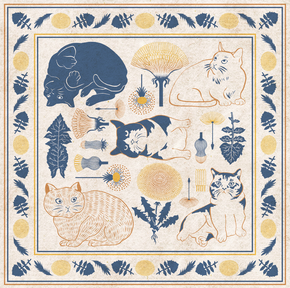 北欧テキスタイルデザイン・柄イラスト【春の猫】