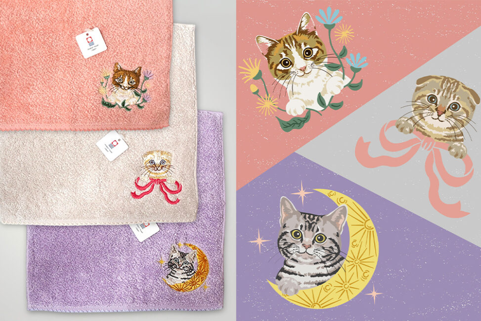 今治タオルハンカチ刺繍猫イラスト by365Cat.Art